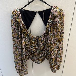 Free People Floral Print Balloon Sleeve Shirred Front Smocked Back Top